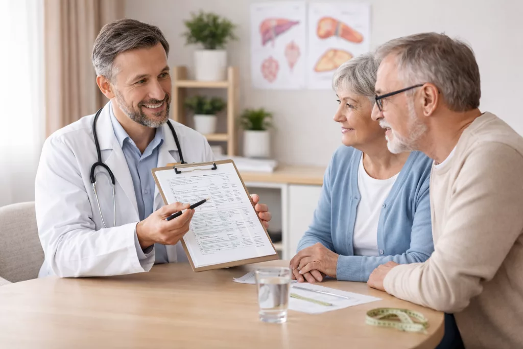 Ein Mann berät einen Mann und eine Frau zur Ernährung bei Erkrankungen.