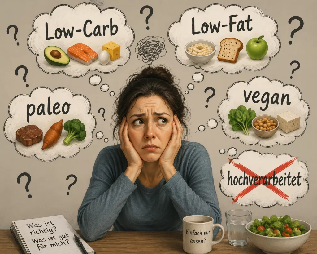 Eine Frau, die deutlich verunsichert wirkt und viele Gedankenblasen mit folgenden Begriffen hat: Low-Carb, Low-Fat, paleo, vegan. In einer Gedankenblase ist der Begriff hochverarbeitet durchgestrichen.